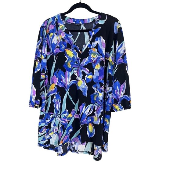 Lildy Top Women 2X Blue Floral Tunic Boho Western Mature Resort Swim Tropical - Picture 1 of 10